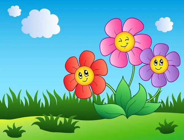 Drie cartoon bloemen op weide — Stockvector