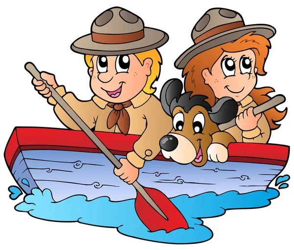 Dřevěný člun se scout chlapec a dívka — Stockový vektor