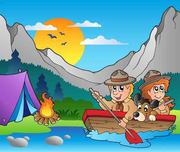 Barco de madera con exploradores cerca del campamento — Vector de stock