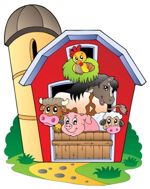 Barn with various farm animals clipart