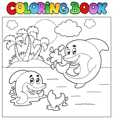 Coloring book with dolphins 2 clipart