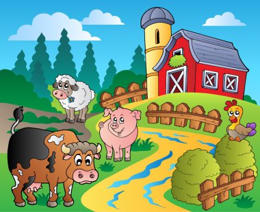 Country scene with red barn 1 clipart