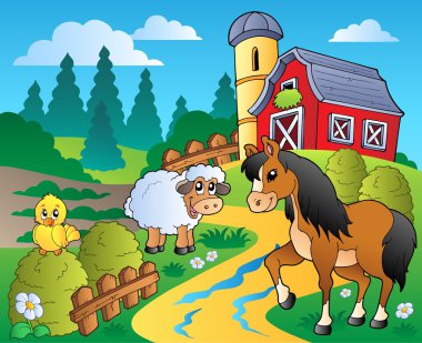 Country scene with red barn 2 clipart