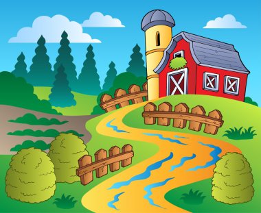 Country scene with red barn 4 clipart