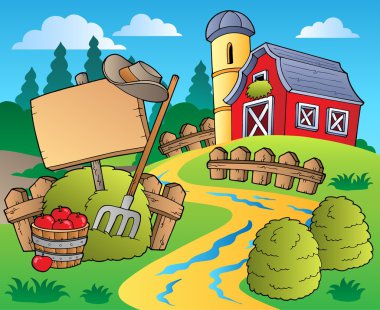 Country scene with red barn 5 clipart