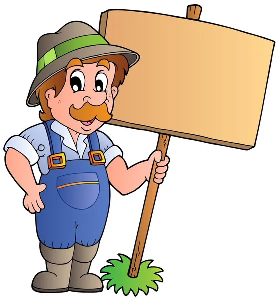 Cartoon farmer holding wooden board — Stock Vector