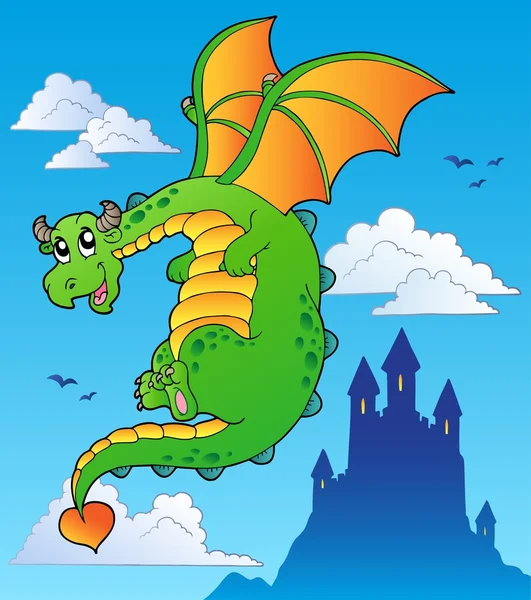 Летающий сказочный дракон возле замка — стоковый вектор