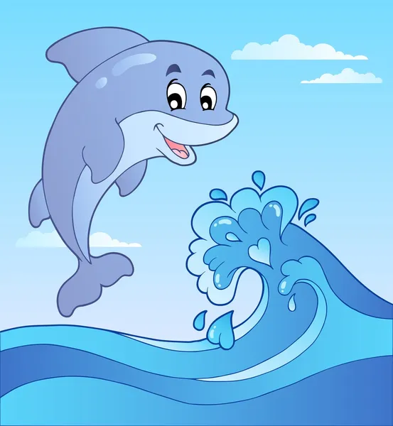 Saltar delfín con la ola de dibujos animados 1 — Vector de stock