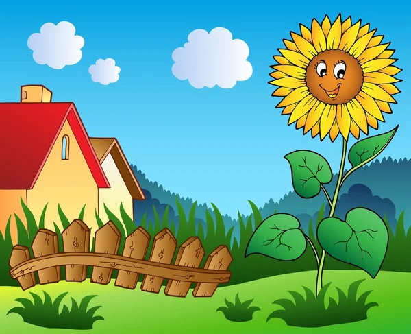 Louka s karikatura slunečnice — Stockový vektor