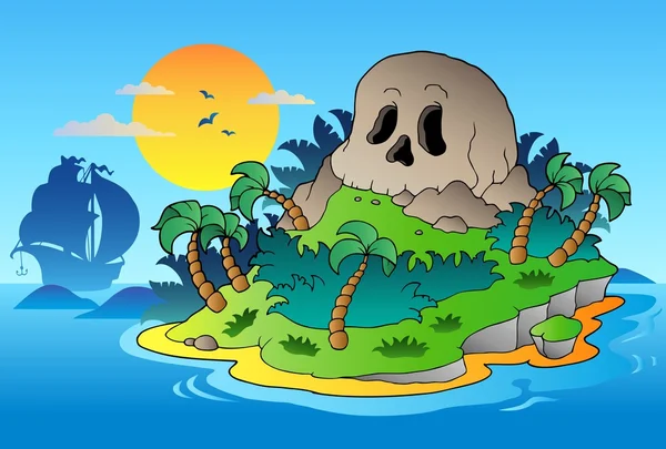 Pirate skull island with ship - Stok Vektor