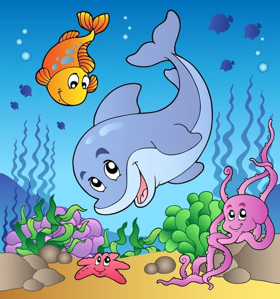 Various cute animals at sea bottom — Stock Vector