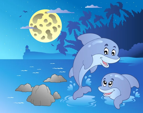 Nacht zeegezicht met gelukkig dolfijnen — Stockvector
