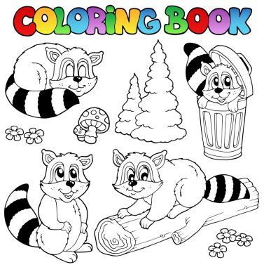 Coloring book with cute racoons clipart