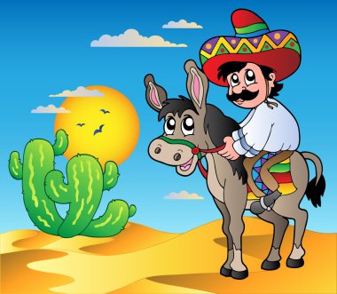 Mexican riding donkey in desert clipart