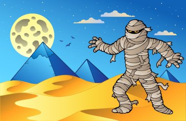 Night scene with mummy and pyramids clipart