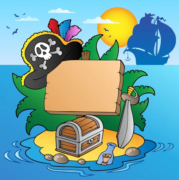 Bord auf Pirateninsel mit Schiff — Stockvektor