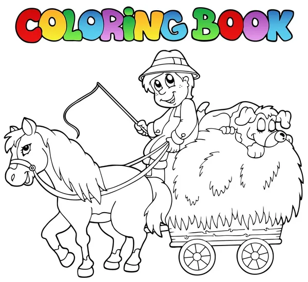 Livre à colorier avec chariot et fermier — Image vectorielle