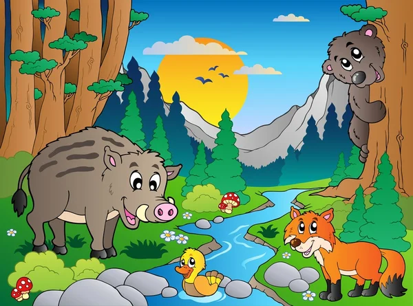 様々 な動物 3 と森のシーン — ストックベクタ