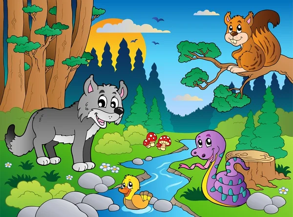 様々 な動物 5 と森のシーン — ストックベクタ