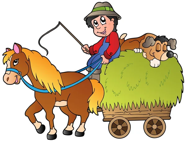 Carro de heno con agricultor de dibujos animados — Vector de stock