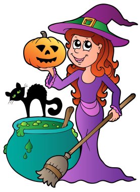 Cartoon Halloween witch with cat clipart