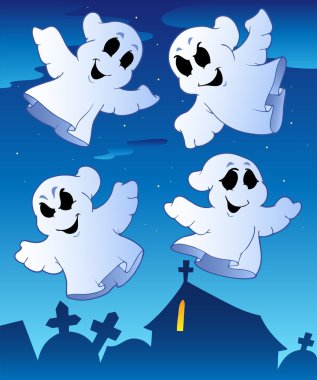 Four ghosts near cemetery clipart