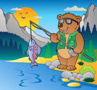 Lake with cartoon fisherman 2 clipart