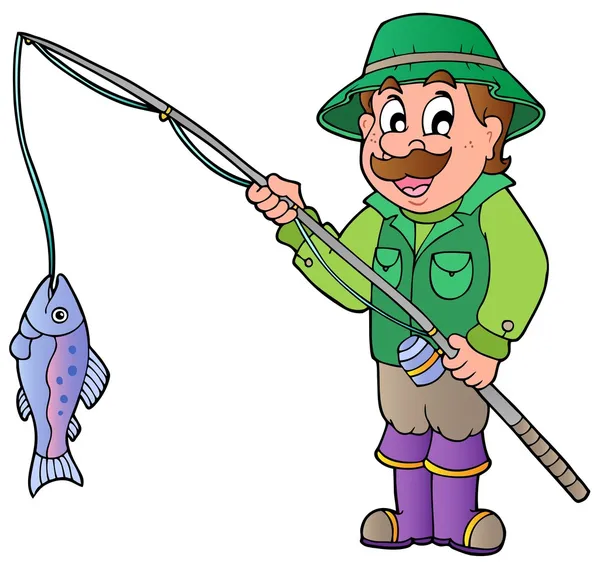 Pescador de dibujos animados con caña y pescado — Vector de stock