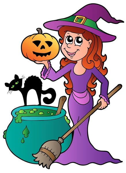 Dessin animé Halloween sorcière avec chat — Image vectorielle
