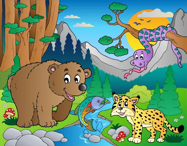 Orman sahne 9 çeşitli hayvanlarla — Stok Vektör