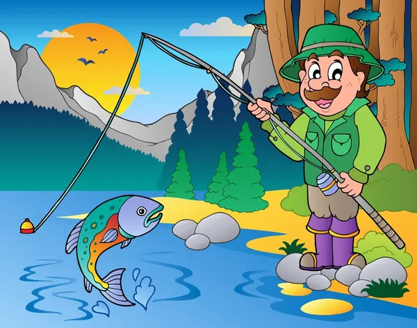Jezero s kreslenými rybář 1 — Stockový vektor