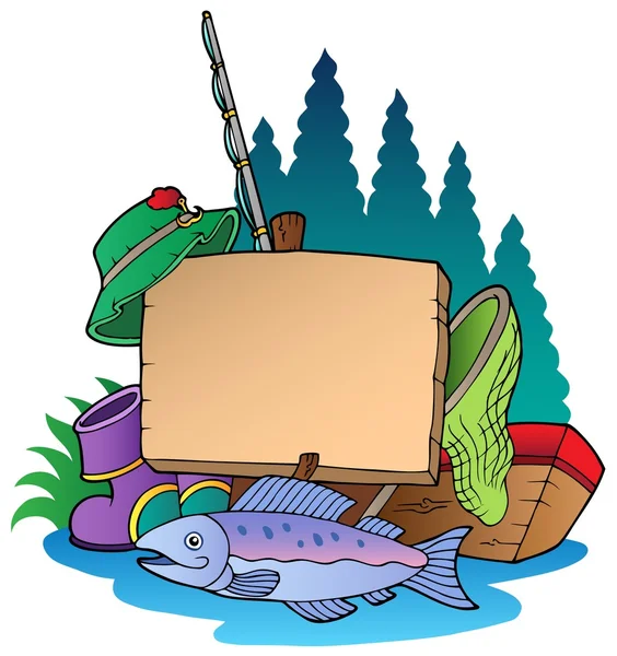 Ahşap tahta balık tutmak için ekipmanlar ile — Stok Vektör