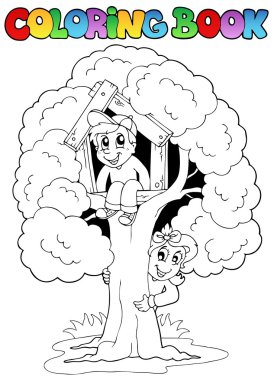 Coloring book with kids and tree clipart