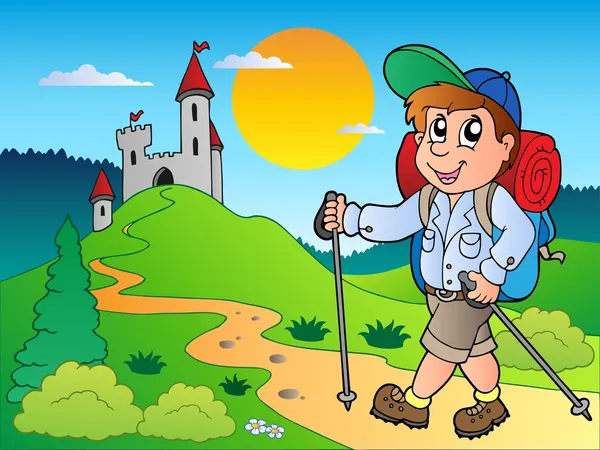 Мультфильм турист мальчик рядом с замком — стоковый вектор