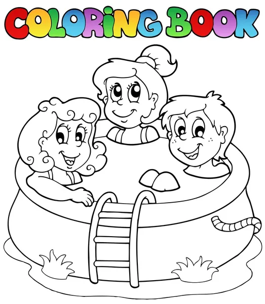 Coloring book with kids in pool — Stock Vector