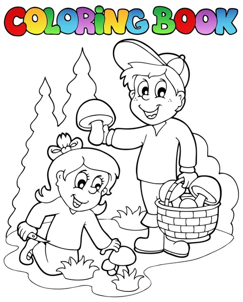Livre à colorier avec des enfants champignon — Image vectorielle