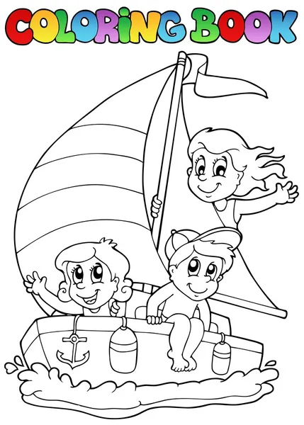 Coloring book with yacht and kids — Stock Vector
