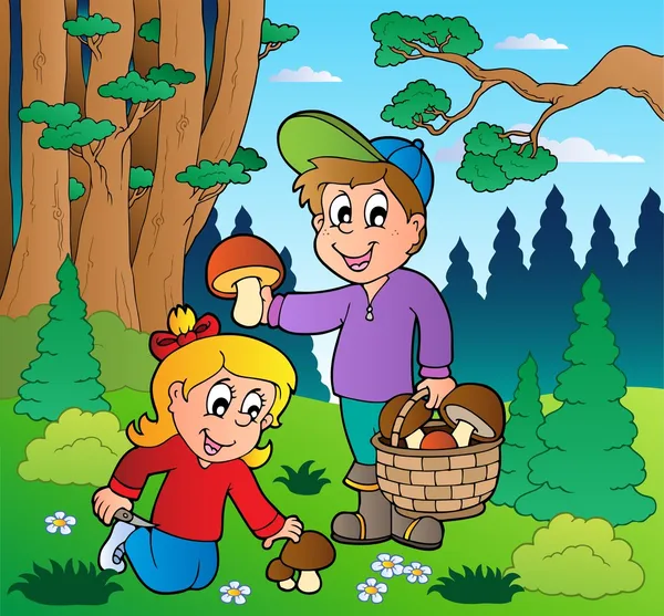 Bosque con niños hongos — Vector de stock