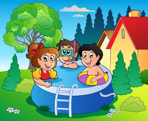 Jardin avec piscine et dessin animé enfants — Image vectorielle
