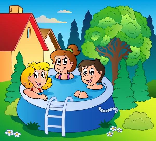 수영장에서 세 아이 함께 정원 — 스톡 벡터