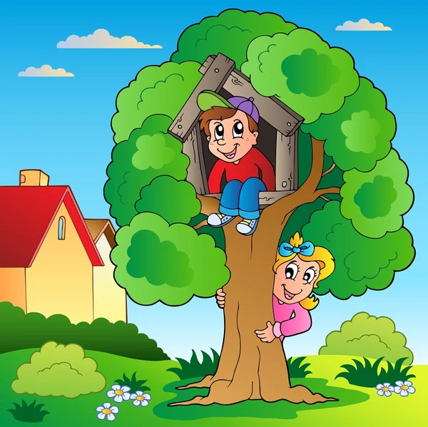 Giardino con due bambini e albero — Vettoriale Stock