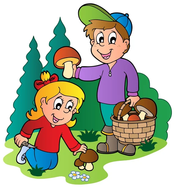 Les enfants ramassent des champignons — Image vectorielle
