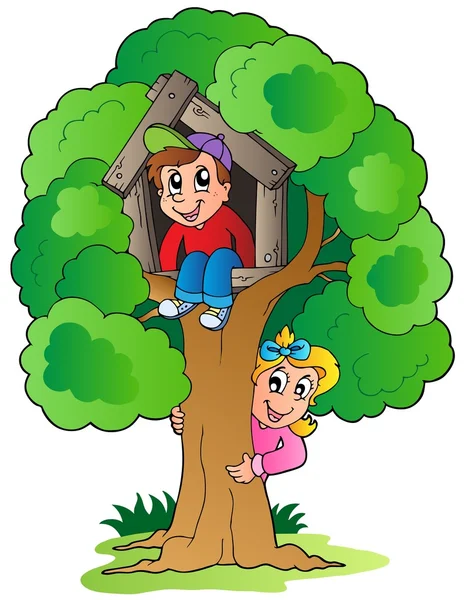 Tree with two cartoon kids — Stock Vector
