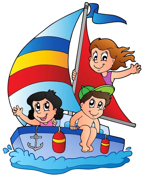 游艇与三个孩子 — 图库矢量图片