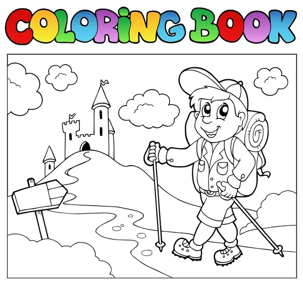 Coloring book with hiker boy — Stock Vector