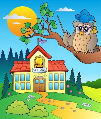 Owl teacher with school building clipart