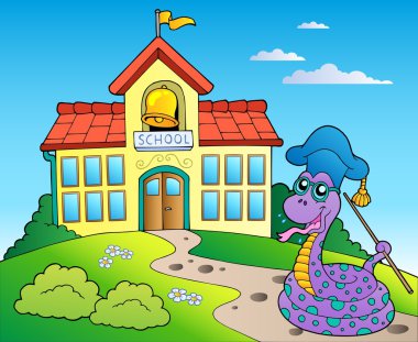 Snake teacher with school building clipart