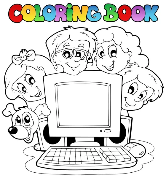 Colorir computador livro e crianças —  Vetores de Stock