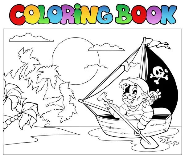 Coloring book with pirate in boat — Stock Vector