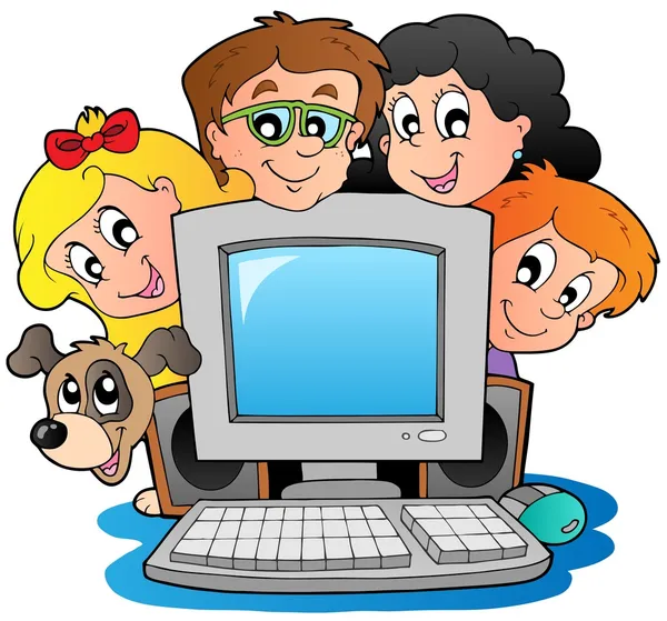 Компьютер с мультяшными детьми и собакой — стоковый вектор